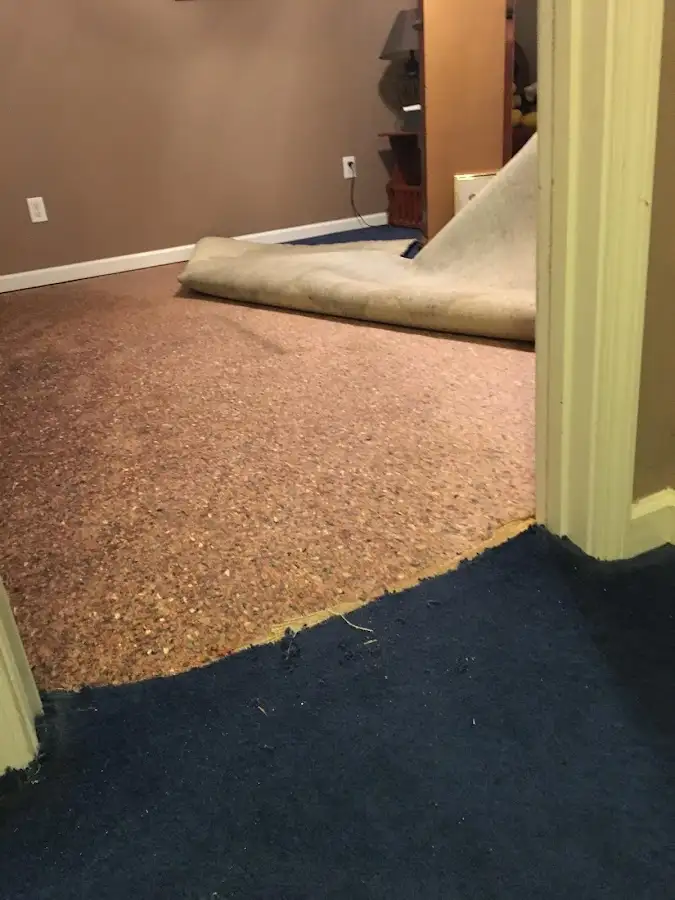 Carpet pad removal revealing water damage during Drying & Dehumidification in Short Pump